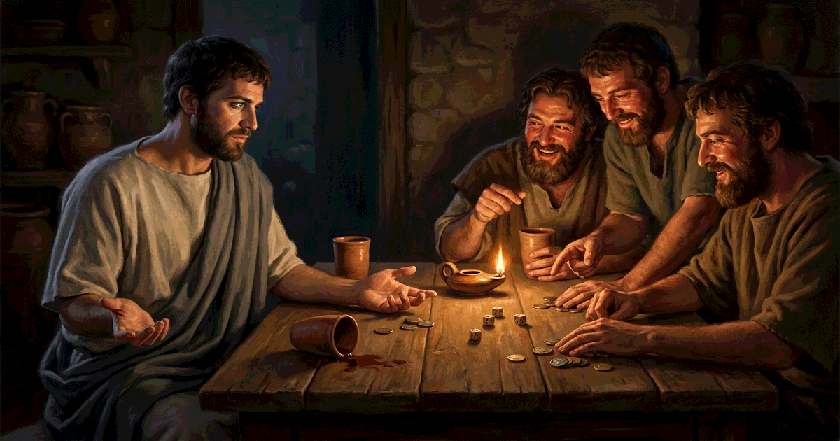 A man in undyed linen performs the genial loser at a lamplit Greek tavern table of confident knucklebones players, his posture loose and his cup spilled, but his eyes caught in cooler light are sober and calculating, reading the table the others think they control, set slightly apart in shadow so he is the only person truly alone at a warm crowded table
