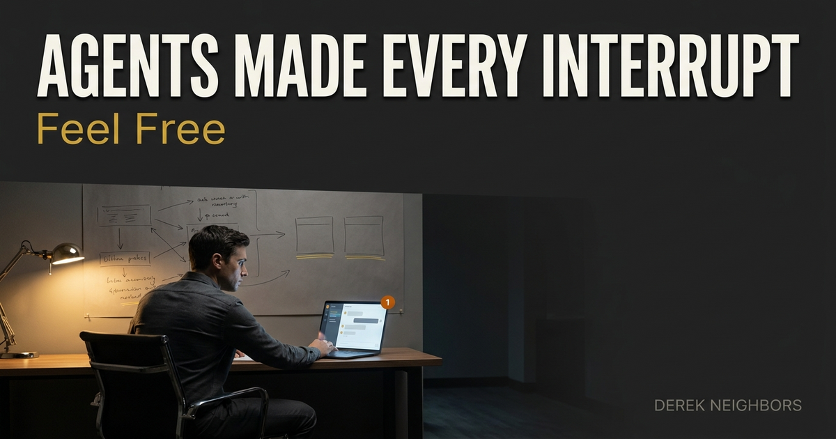 Night engineering office, one engineer turning from an unfinished product wall toward a laptop with a single unread burnt-orange chat notification.