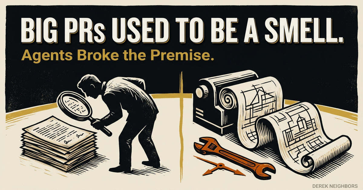 High-contrast woodcut of small human-reviewed paper stacks on one side and a machine unrolling a large blueprint with a repair wrench on the other.