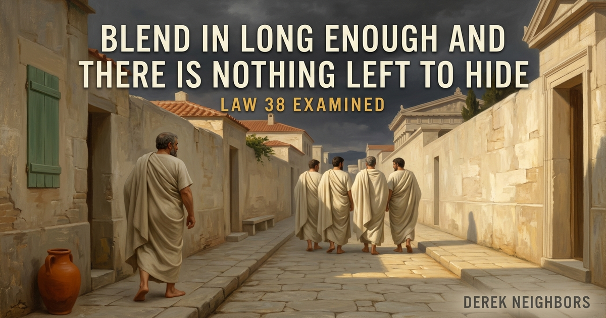 A classical academic painting of a narrow Athenian street under a storm sky, four men in identical plain cloaks walking away together toward the harbor while a fifth man in the same cloak turns alone down a side alley toward home.
