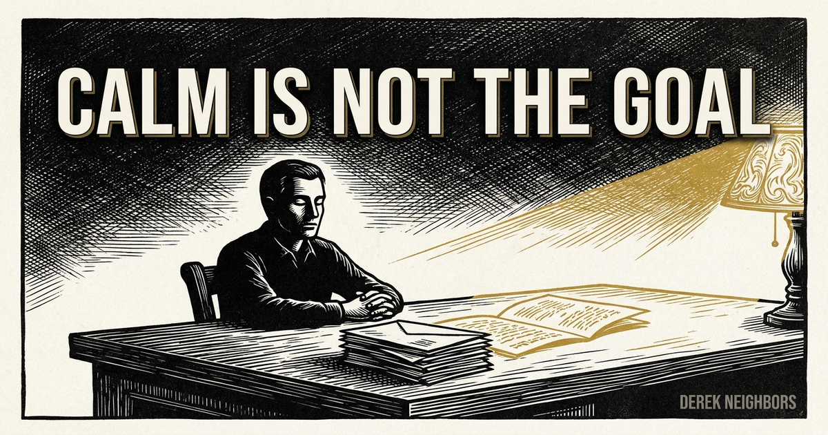 A high-contrast woodcut print of a figure at a desk with eyes closed and hands folded, while a single gold unread page sits ignored in front of them under a carved lamp.
