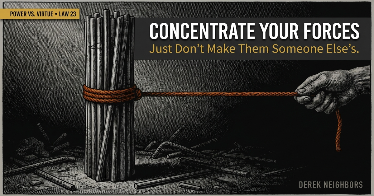 A high-contrast engraving of a single tightly bound bundle of iron rods standing as one concentrated column, with a binding cord rendered in burnt orange continuing off-frame to a gripping hand, the whole image stating that concentrated strength leashed to someone else is not strength