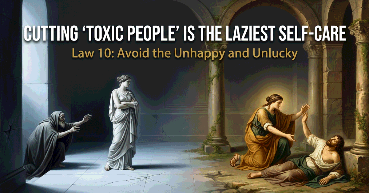 A split composition showing a figure with arms crossed turning away from a reaching hand in cold blue light contrasted with a stable figure helping someone up in warm golden light