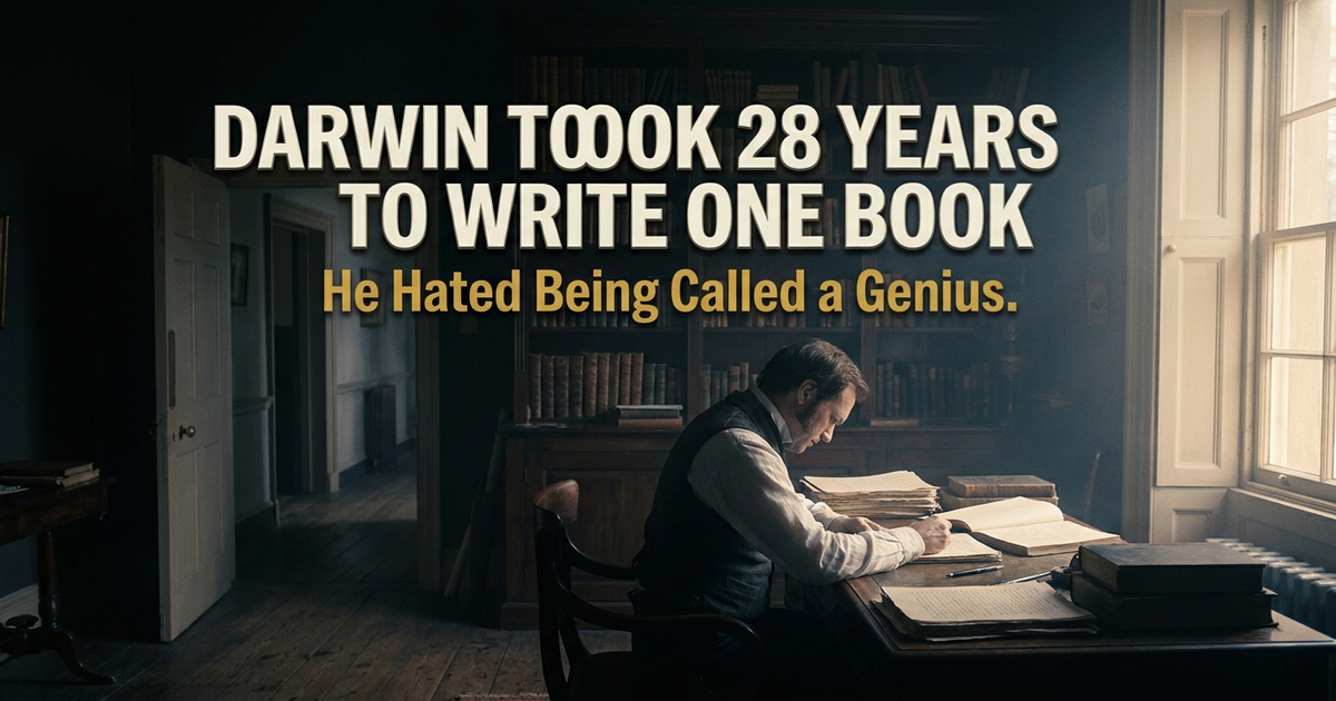 A wide cinematic interior of a dim Victorian study at dawn. A single solitary figure in a dark wool waistcoat sits at a wooden writing desk, viewed from behind and to the side, head bowed, one hand on a manuscript page, the other holding a pen mid-stroke. A long oblique shaft of warm dawn-gold light falls through a tall sash window across the desk, illuminating stacked manuscript pages, an open notebook, a brass magnifying glass, and a single specimen jar holding a barnacle. Wooden shelving packed with leather-bound notebooks recedes into shadow behind the figure. In the deep background a single open door reveals an empty corridor in dim warm light. The composition is anamorphic-wide, the room held in patient silence.