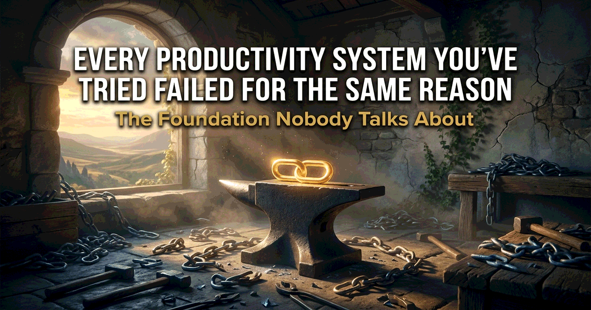 A craftsman's anvil holding a single perfect chain link glowing gold, surrounded by dozens of broken chain fragments and discarded tools in a classical stone workshop