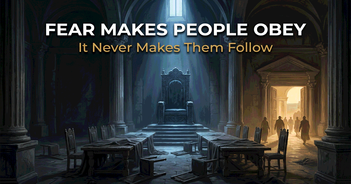 Empty throne in a classical stone room with overturned chairs, symbolizing the isolation that fear-based leadership produces