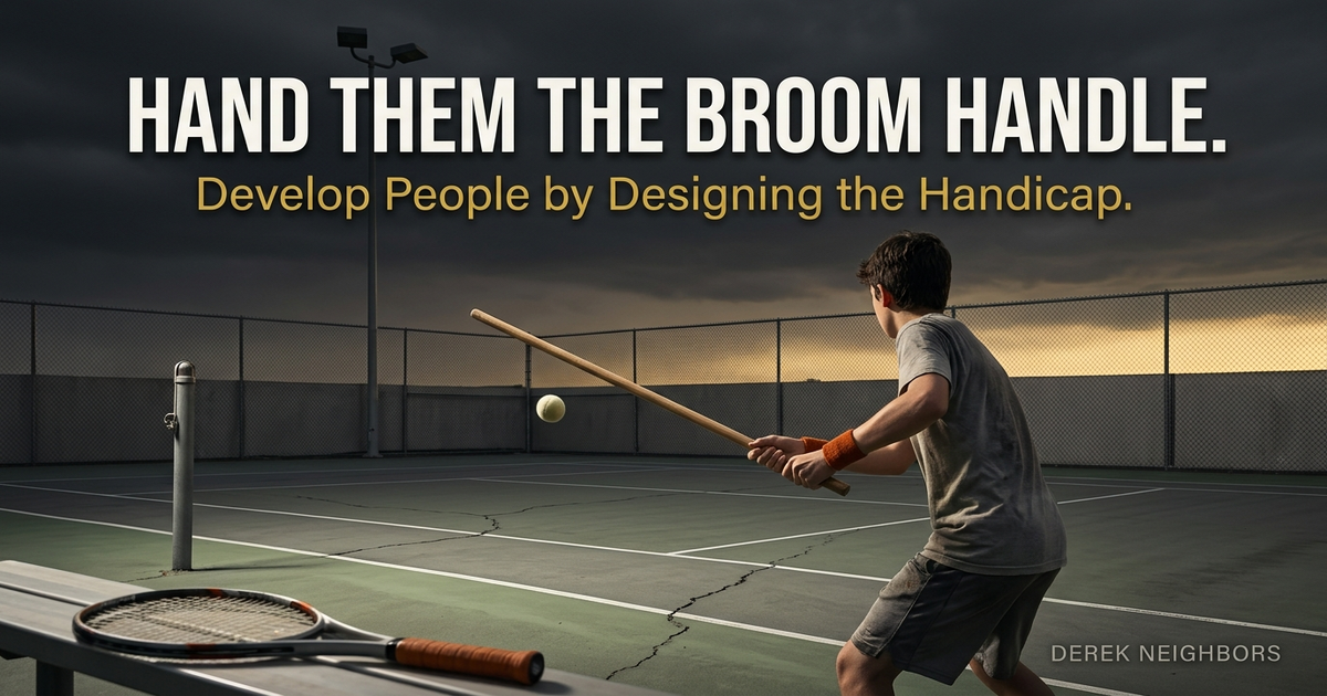A documentary photograph of a teenage player at the baseline of a cracked public tennis court at dusk, swinging a wooden broom handle at a ball under a dark storm sky, with a real racket left on the bench in the foreground.