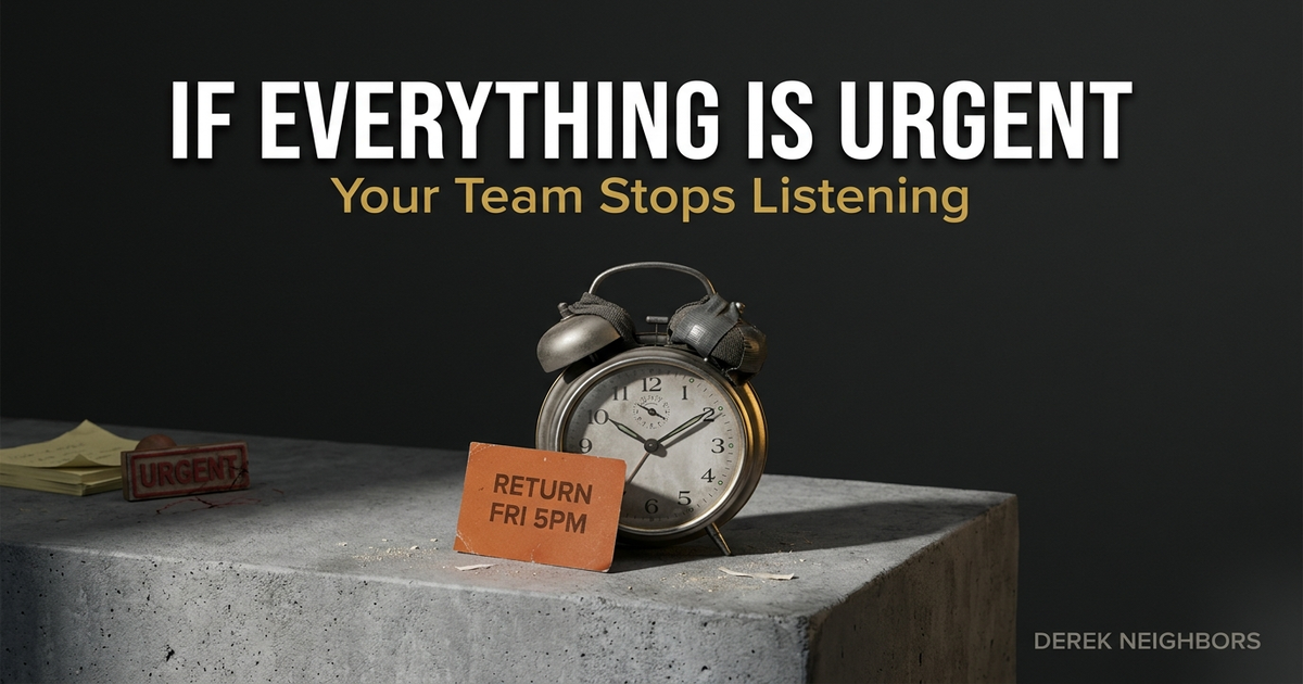 A muted alarm clock on concrete under hard light beside a burnt-orange card naming the return date when pressure ends.