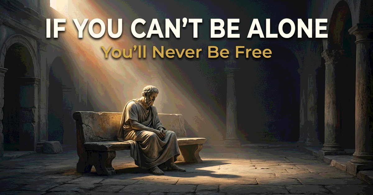 A solitary classical Greek philosopher seated alone on a stone bench in a sparse ancient courtyard, illuminated by a single shaft of dawn light