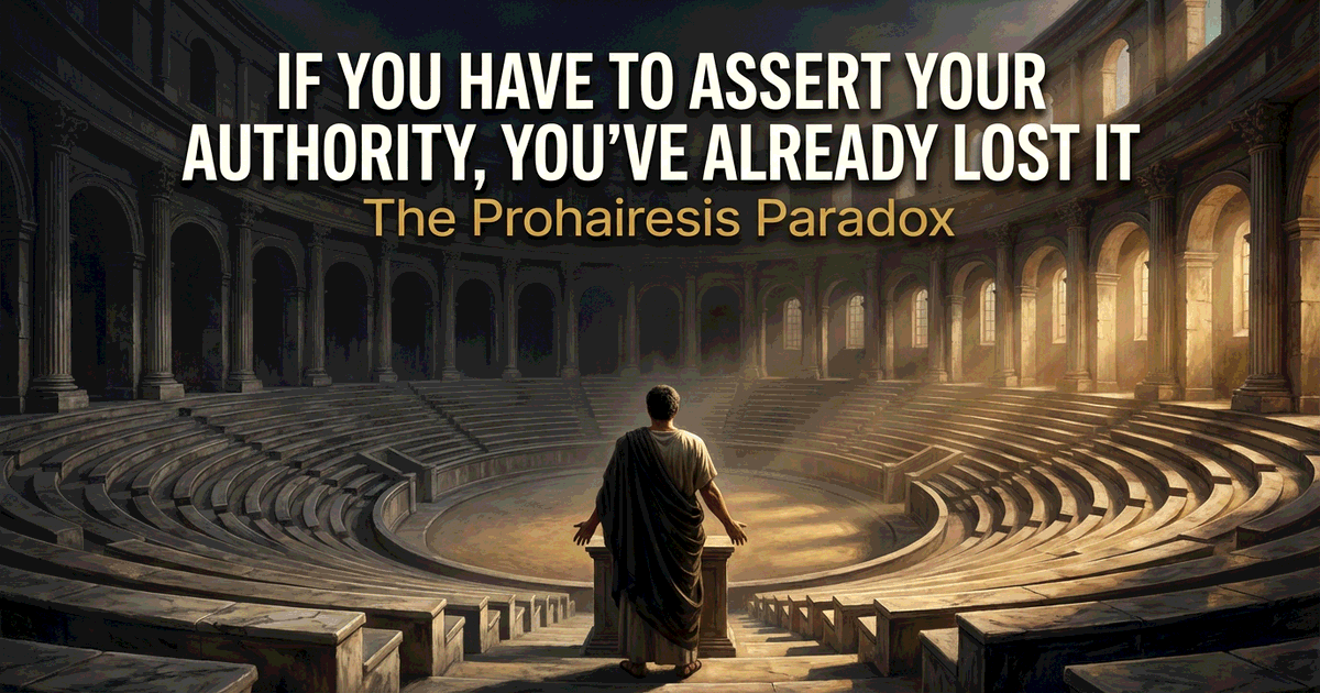 A solitary figure standing at the edge of a grand classical amphitheater, arms relaxed, with dramatic golden light falling through tall arched windows