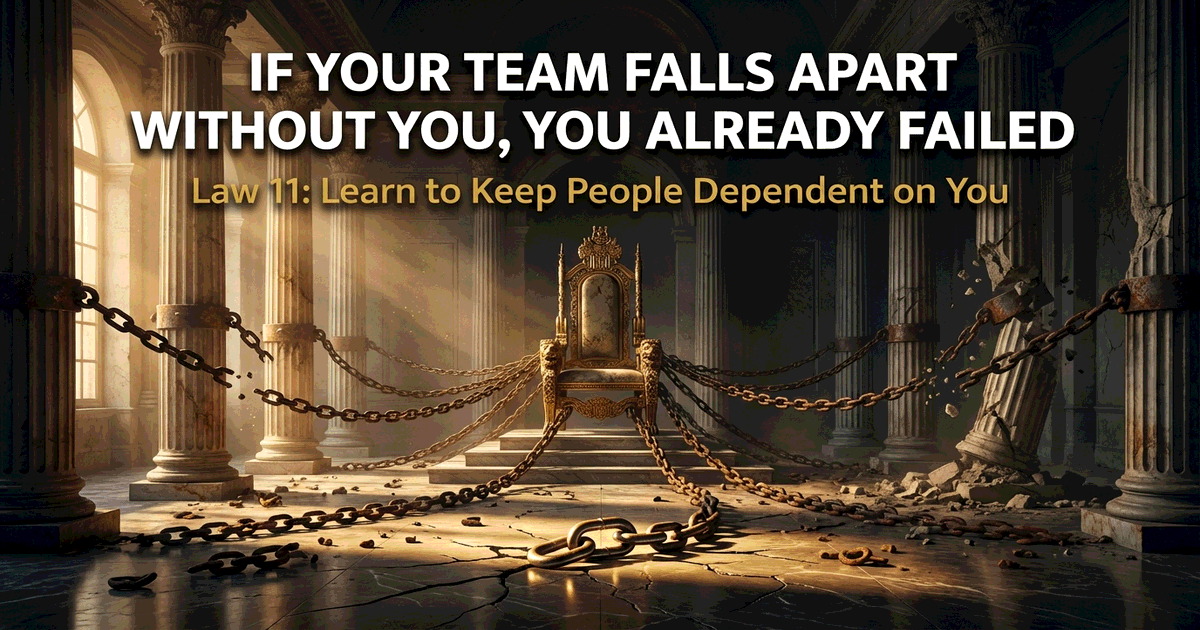 An empty golden throne in a decaying marble room with chains radiating outward, some broken and freed, symbolizing dependency vs. capability