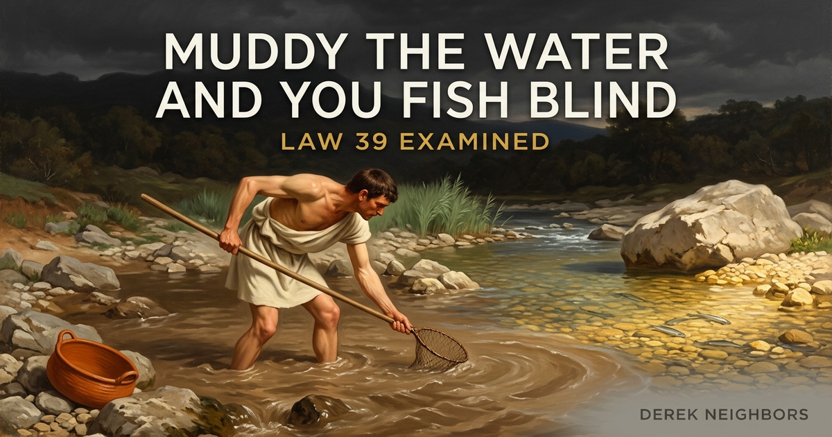 A classical academic painting of a Greek fisherman standing knee-deep in a river he has churned brown with a pole, bent over and seeing nothing, while upstream behind him the water runs clear over golden stones and silver fish are plainly visible.