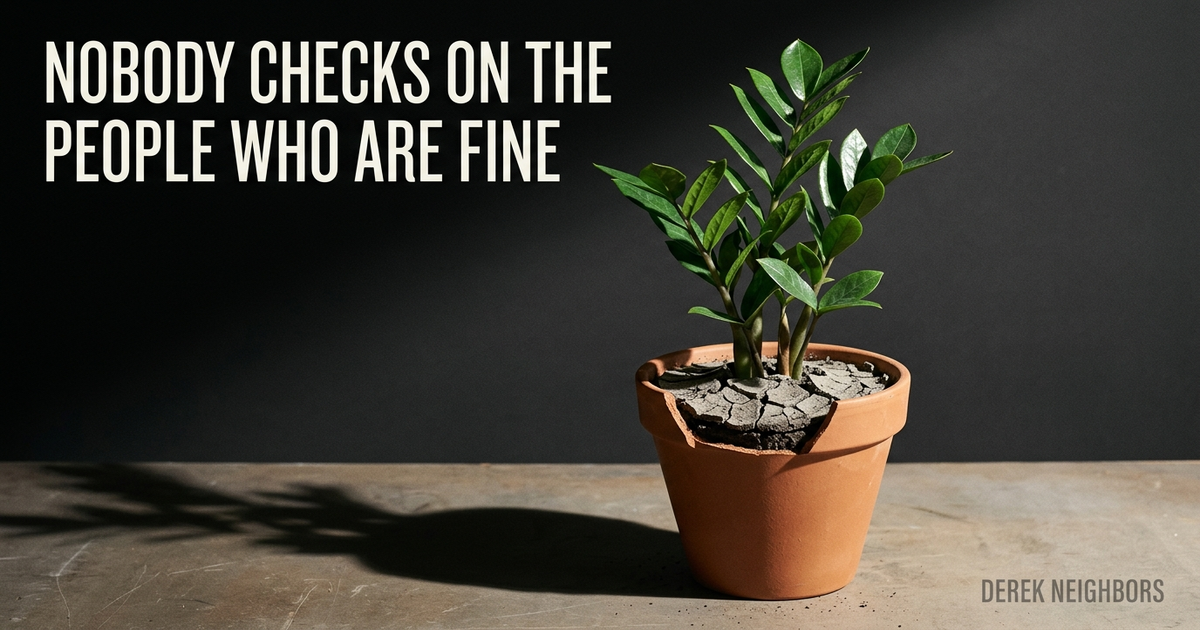 A single vigorous green plant standing in a pot of cracked, bone-dry grey soil under hard raking light against deep shadow.