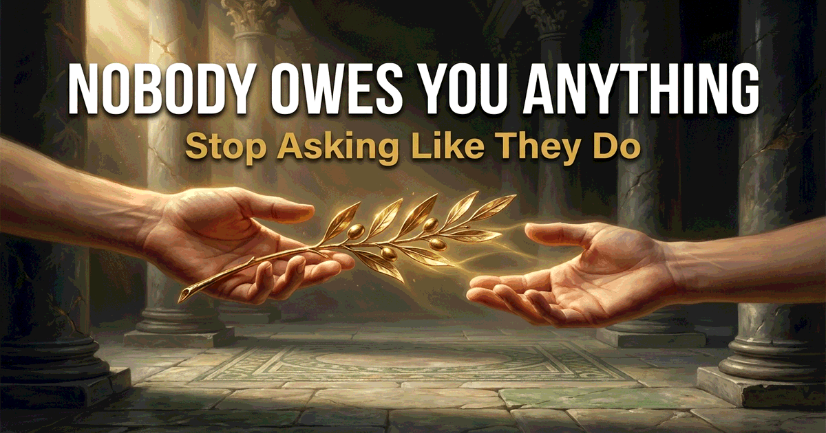 Two hands exchanging a golden olive branch in warm sunlight against marble columns, symbolizing reciprocal grace over transactional exchange