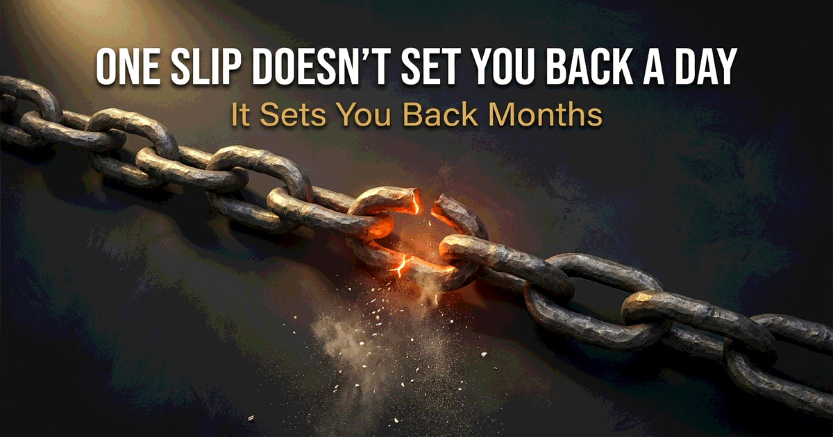 Iron chain with one cracked link glowing under tension, representing how a single compromise can break months of built momentum