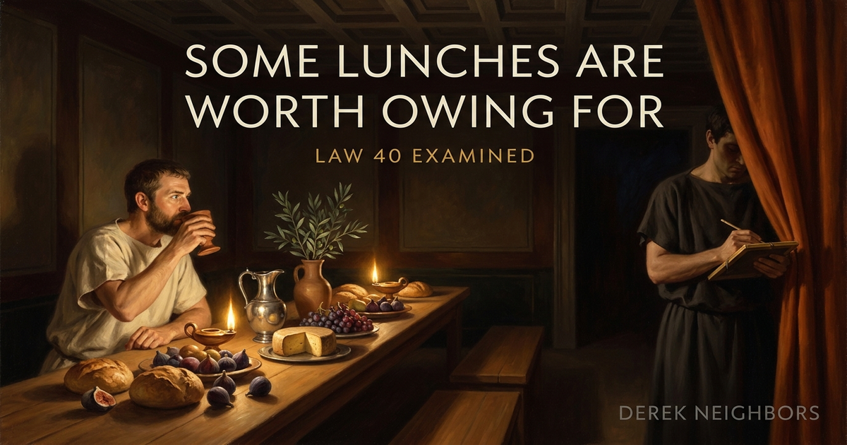 A classical academic painting of a long Roman banquet table heaped with bread, figs, and wine in a dim villa hall, where a lone guest pauses with a cup halfway raised while, half hidden behind a curtain at the edge of the room, a steward writes in a wax tablet ledger.