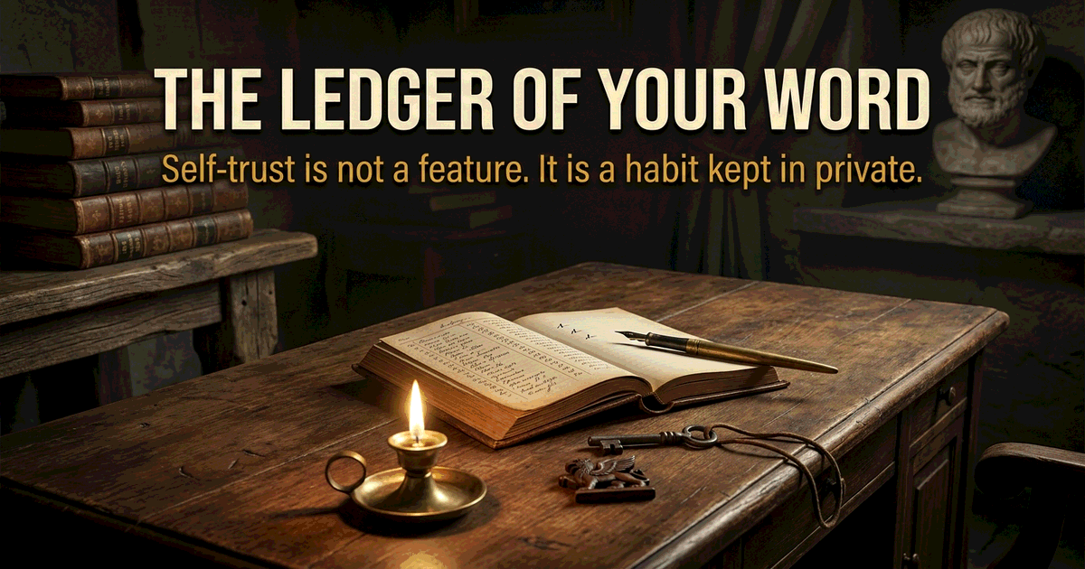 A heavy wooden writing desk at dusk in an ancient scholar's study, a single open leather ledger illuminated by a brass oil lamp, with a fountain pen resting across pages of careful handwritten marks and a marble bust of a Greek philosopher watching in shadow