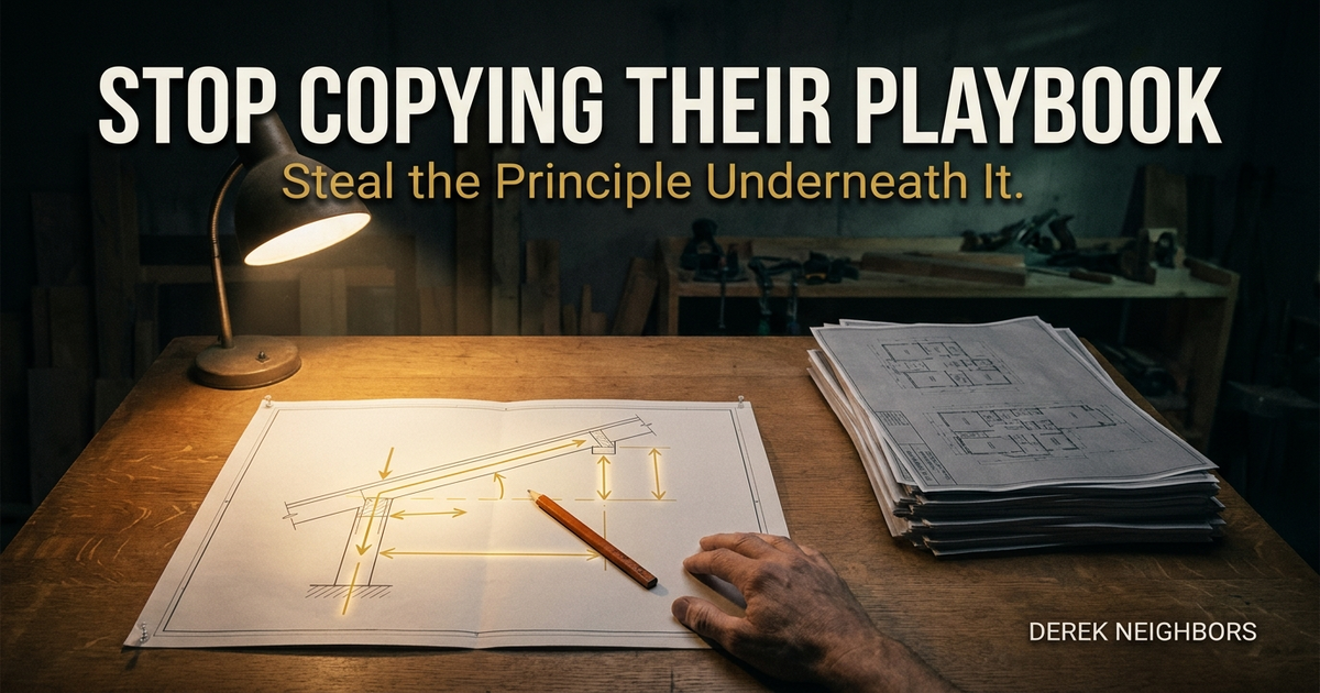 Cinematic night workshop scene with a warm lamp over a gold-annotated structural diagram on a drafting table, while a stack of identical gray photocopied plans sits unused in cooler shadow