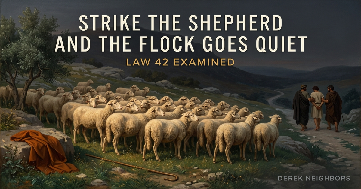 A classical academic painting of a rocky Greek hillside at dusk, where a shepherd with his hands bound is led down a path between two men in dark cloaks while his flock stands still and silent on the slope, every head turned toward him, his wooden crook dropped in the grass beside a burnt orange cloak.
