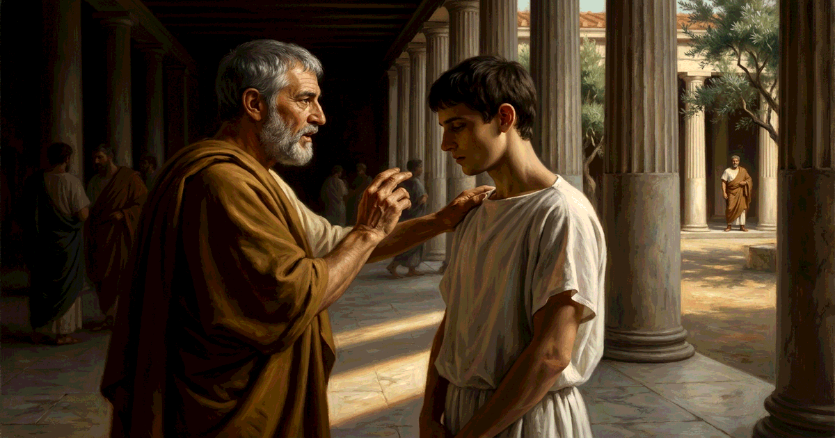 An older Greek teacher in a deep ochre himation stands beside a younger Greek student in a white linen chiton inside a shadowed stoa at late afternoon, the teacher's hand resting on the student's shoulder mid-sentence while a single diagonal shaft of warm late light connects the teacher's mouth to the student's listening face and continues out through the columns toward a distant fully-lit older version of the student standing capably in the sunlit courtyard beyond
