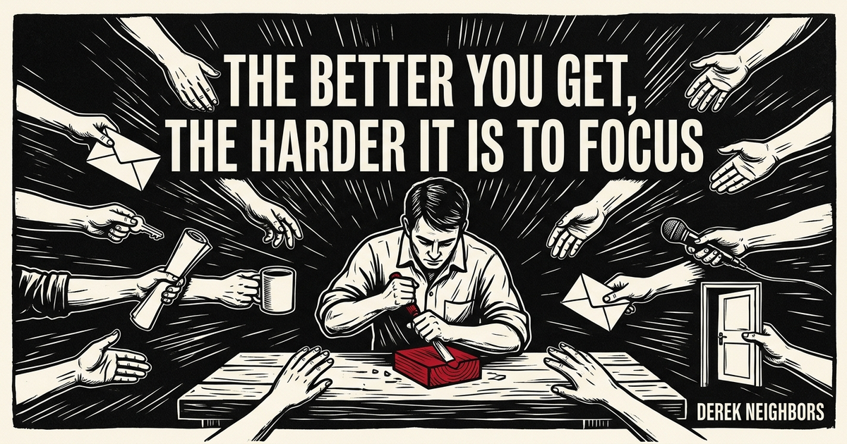 High-contrast linocut print of a craftsperson bent over a red wooden block at a workbench while a dozen hands reach in from every edge of the frame offering envelopes, keys, papers, a mug, and a microphone.