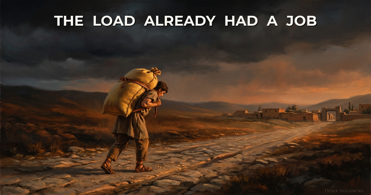 A classical oil painting of a lone porter on a dusty ancient road, a gold grain sack on his back, walking toward a village under a dark storm sky.