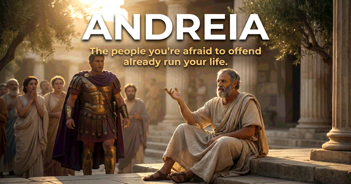 A philosopher in plain linen seated calmly on the steps of a Greek agora at golden hour, mid-sentence and unbothered, as a figure in burnished bronze armor and royal purple cloak stands above him in surprise, illustrating courage that does not adjust to the room's power level