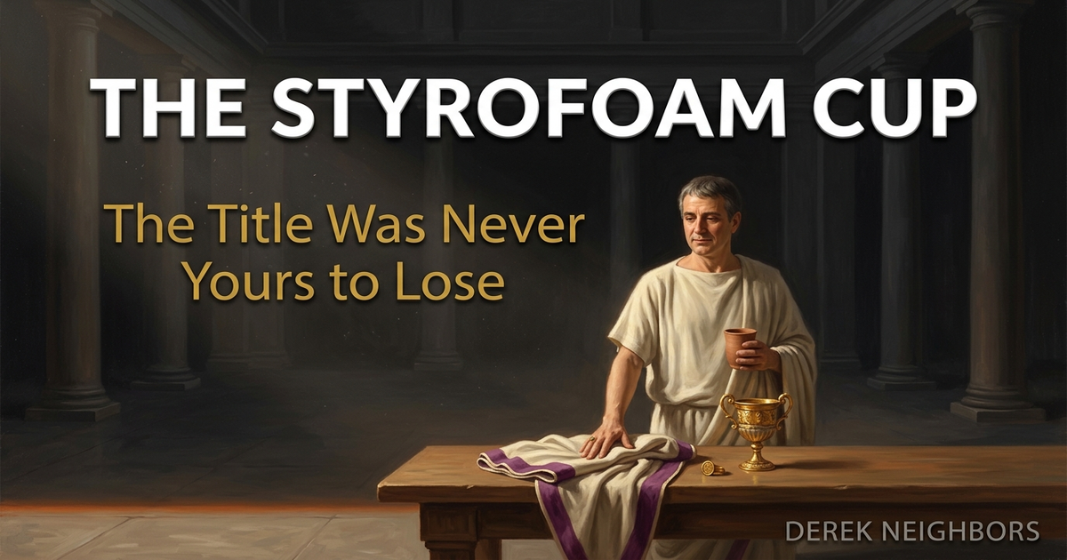 A classical academic painting of a Roman official in a plain tunic laying a purple-bordered toga, a signet ring, and a gilded cup on a heavy wooden table in a shadowed hall, keeping only a simple clay cup in his hand.