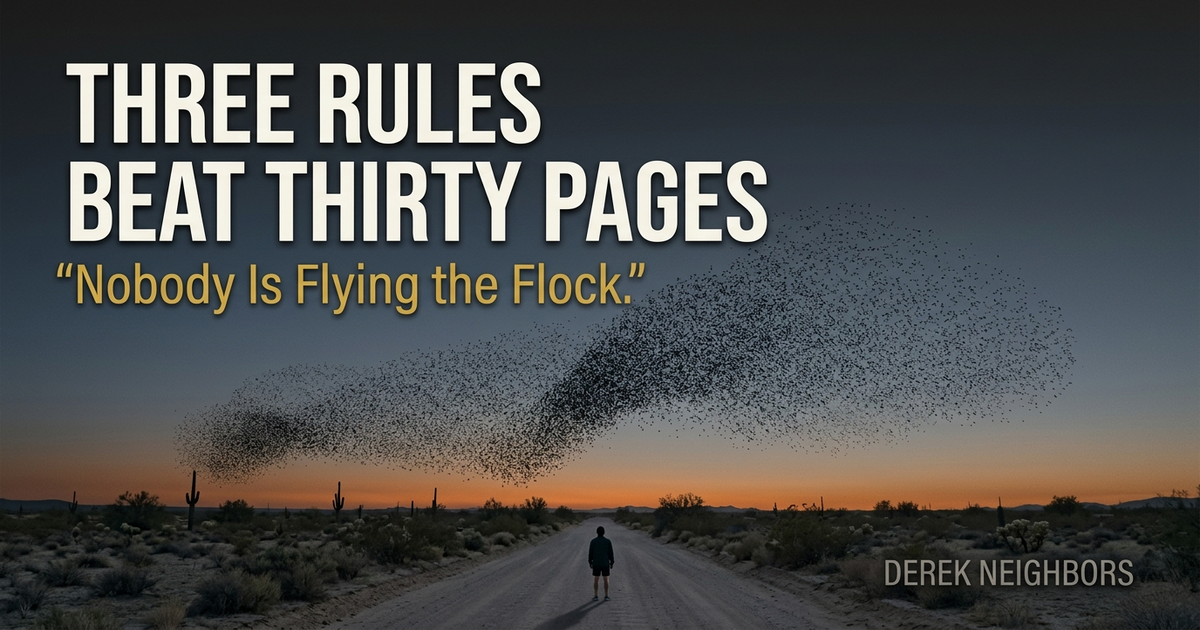 Cinematic dusk over a desert road with a vast starling murmuration forming one shape in the sky while a single small figure on the road looks up.