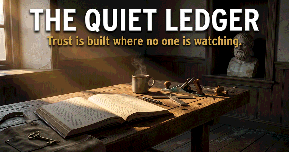 A weathered workbench at dawn with an open leather-bound ledger, hand tools laid out carefully, and a shaft of warm light falling across the page