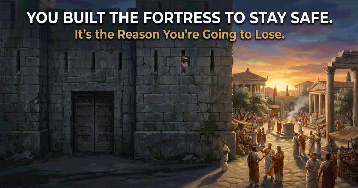A massive stone fortress wall in cold shadow on the left, opening to a warm golden agora full of people in conversation on the right, illustrating the contrast between isolation and community