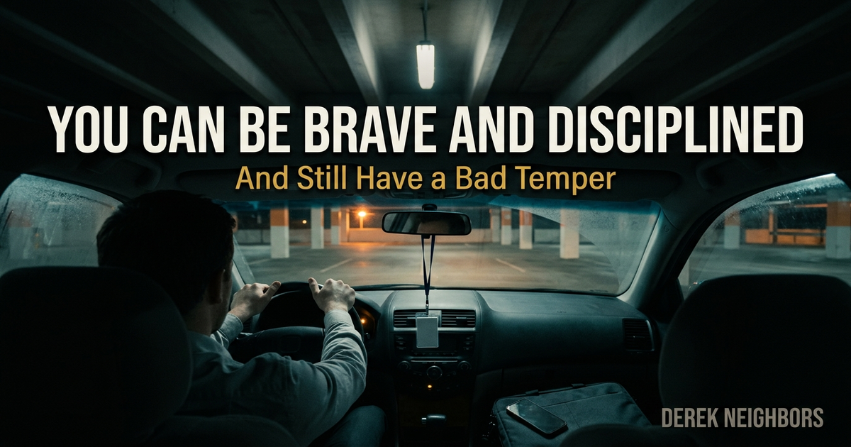 Cinematic still from the back seat of a parked car in an empty office garage at night, the driver's hands gripping the steering wheel, face unseen.