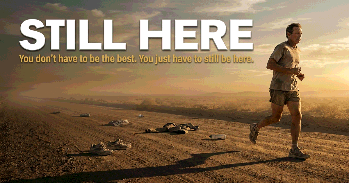 Lone runner on a long desert road at golden hour, with abandoned shoes and gear scattered along the path, representing the attrition curve of long-term professional competition