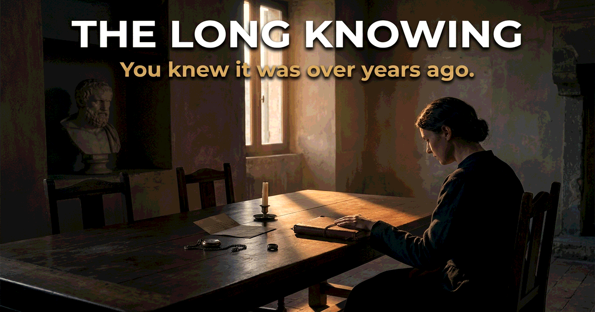 A solitary figure sits at a long wooden table at dusk, hand resting on a closed leather-bound journal, with a single shaft of warm light falling across the scene
