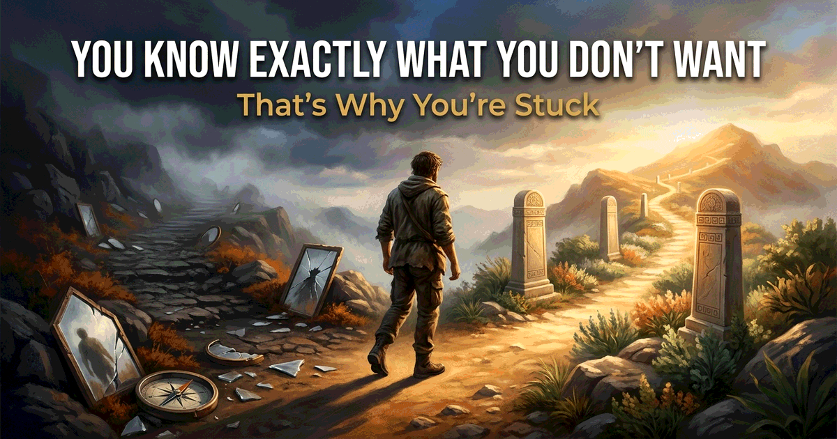 A lone figure at a mountain crossroads, a dark crumbling path behind them and a golden sunlit path ascending ahead toward a distant summit