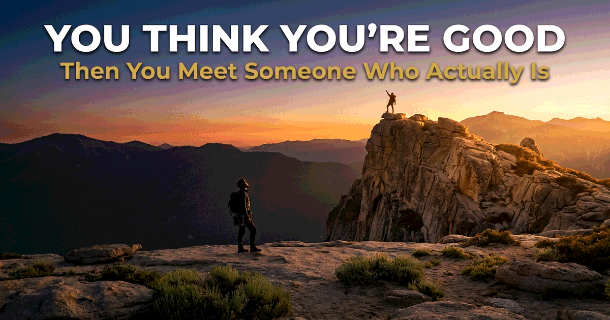 Two silhouetted figures at different elevations on a mountain at golden hour, one on a broad plateau looking up at another on a dramatically higher cliff, symbolizing the categorical gap between competence and mastery