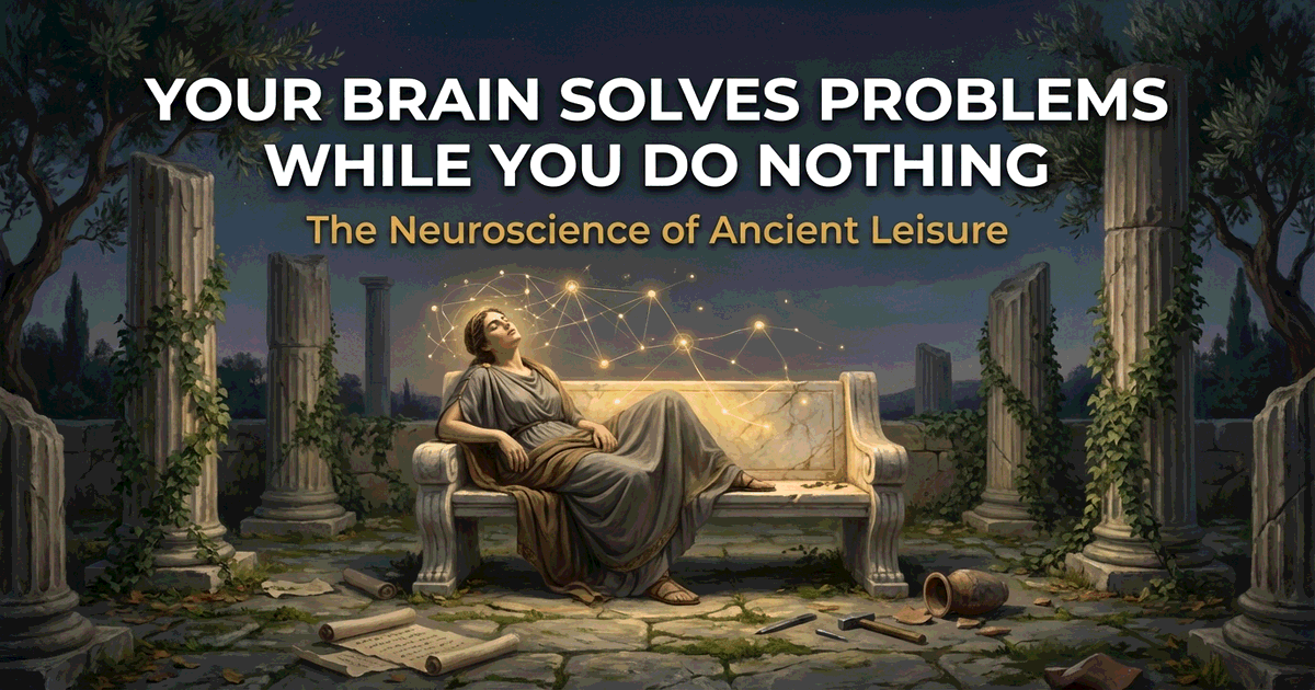 A contemplative figure resting in a classical Greek courtyard with ethereal golden neural pathways glowing around their head