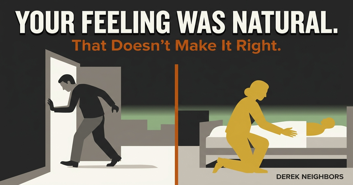 Mid-century editorial illustration of a charcoal figure exiting a doorway on the left and a warm-gold figure staying beside a resting smaller figure on the right, divided by a burnt-orange threshold seam under a deep charcoal sky