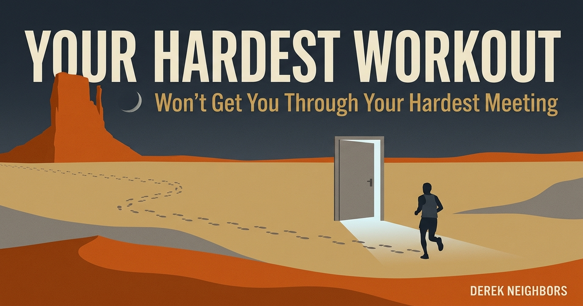 Mid-century editorial illustration of a desert at dusk: a small runner in silhouette has followed a long trail of footprints and stopped in front of a single office door standing alone in the sand, light spilling from its open edge.