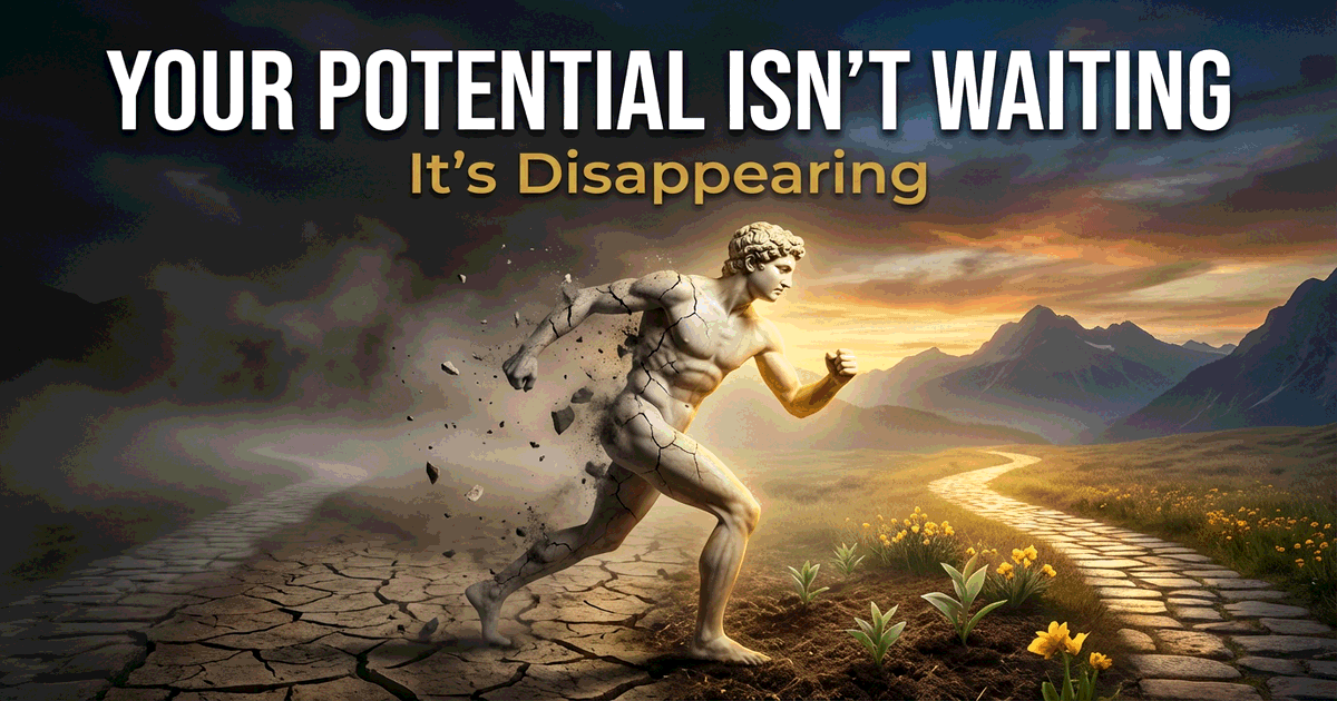 A classical Greek statue of an athlete, one side luminous and dynamic, the other crumbling to dust, symbolizing potential that decays without pursuit