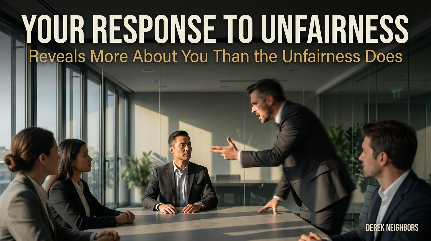 In a modern glass-walled conference room, one leader stays composed at the table while another stands and gestures aggressively; the team watches the composed leader's face, not the provocation.