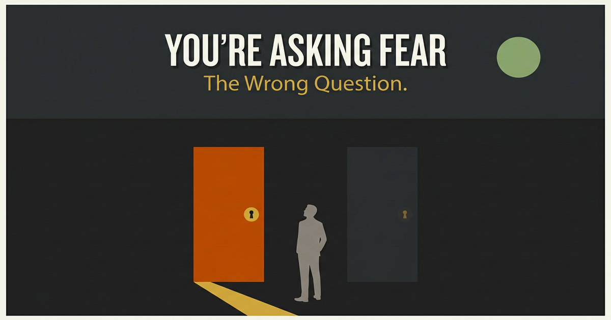 A small solitary figure rendered in a flat mid-century editorial style stands before two doors. The left door is rendered in burnt orange with a thin gold path leading to it. The right door is the same charcoal as the wall behind it, almost invisible, with no visible path. The figure's posture is tipped slightly toward the loud door, away from the answer.